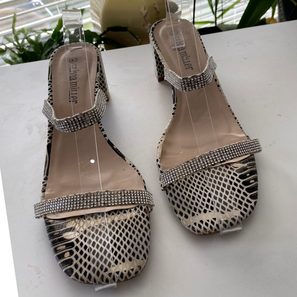 Olivia Miller Block Heel Sandals Women 9.5 Snakeskin Rhinestone Square Mules